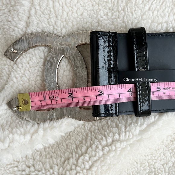 Auth Chanel Silver Metal Embossed Big CC Logo Black Patent Leather Belt -Size 80 - Picture 13 of 16